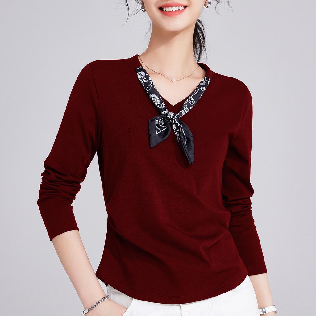 High-end Silk Scarf Long-sleeved Front Shoulder Women's New Temperament Light and Mature Wind Pleated Waist and Thin Top