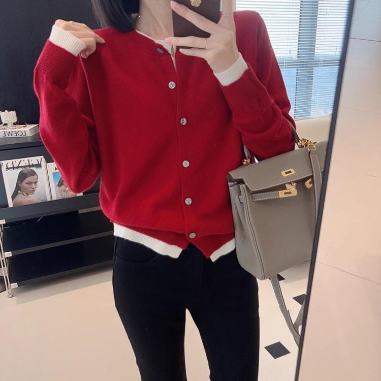Women's French Patchwork Color Block Wool Knit Cardigan - Loose Layering Sweater Coat