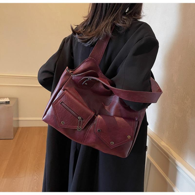 Retro shoulder bag contrasting color splicing tote bag