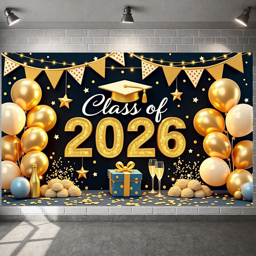 Grad Event Backdrop Graduation Cap Class Of 2026 Background Graduation Display Gold Triangle Bunting Graduation Party Banner