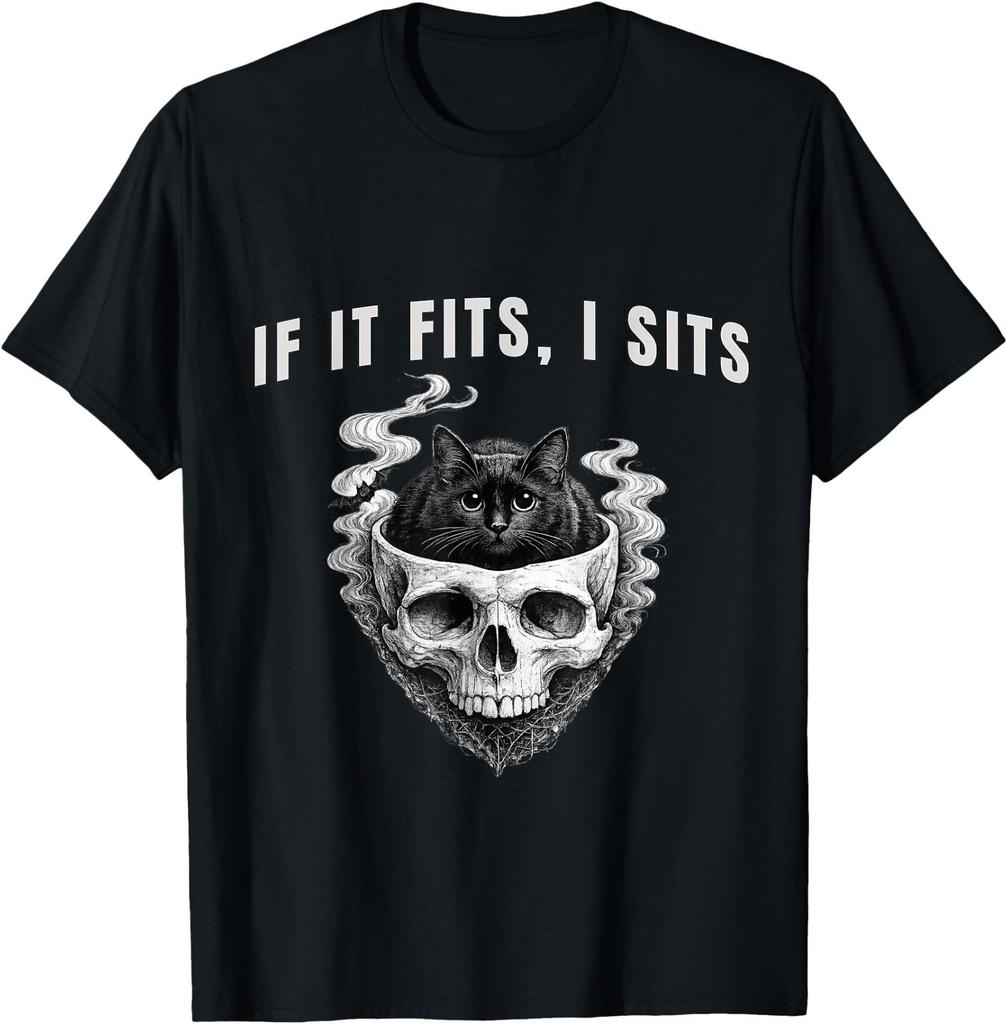 If It Fits, I Sits Black Cat Skull Spooky Minimalist T-Shirt