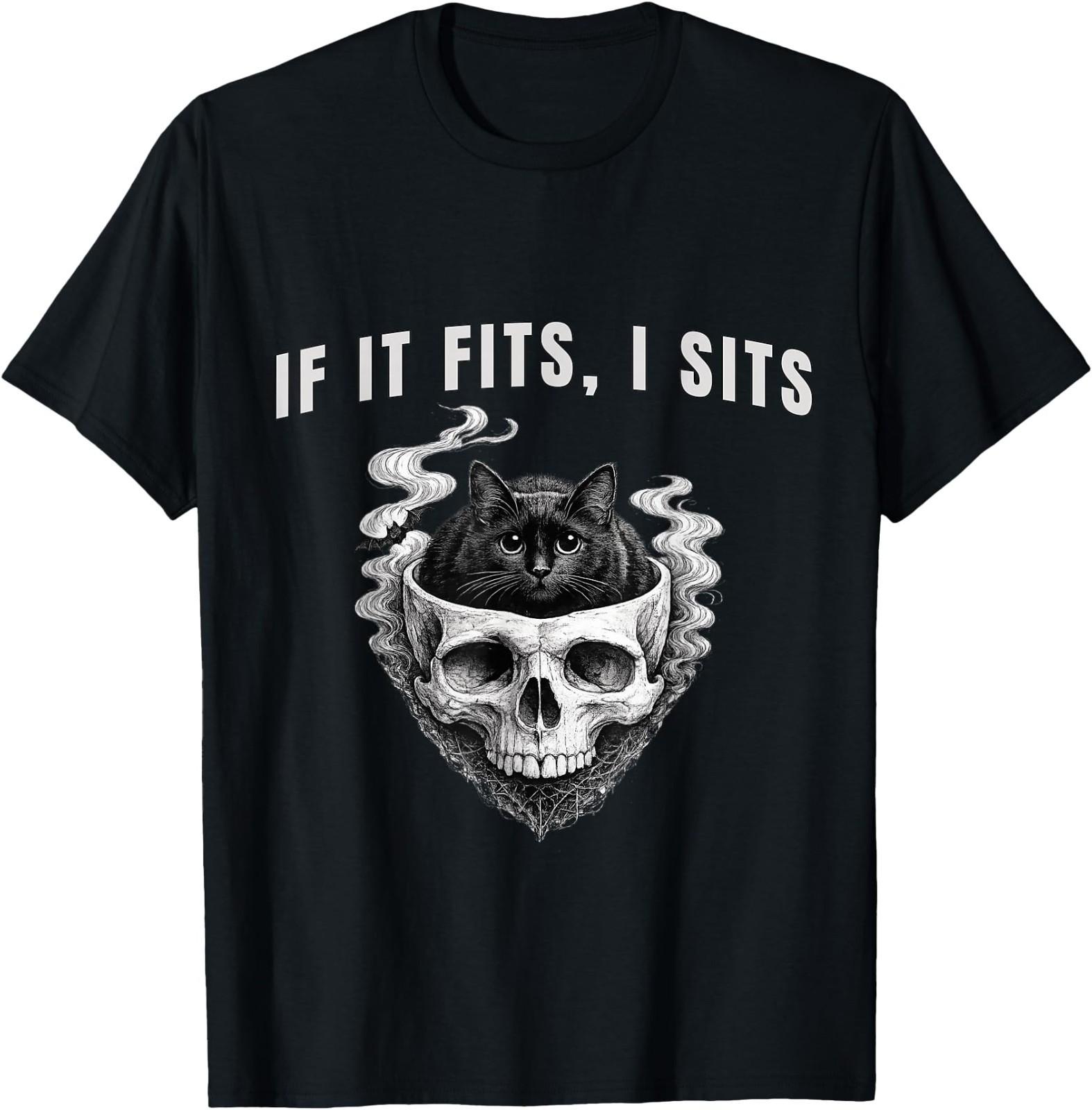 If It Fits, I Sits Black Cat Skull Spooky Minimalist T-Shirt S