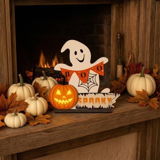 Cute Ghost Wooden Table Sign, Rustic Halloween Tiered Tray Centerpiece, Small White Ghost Sign for Party, Home, Shelf Decor