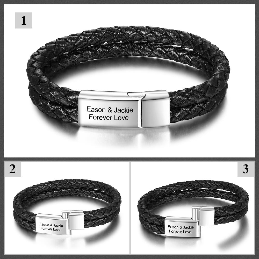 Personalized Bracelets Engraving Stainless Steel Jewerly Customized Names Men Layer Braided Rope Bangle Souvenir Gift Idea Father (Ba103197 )Trendy