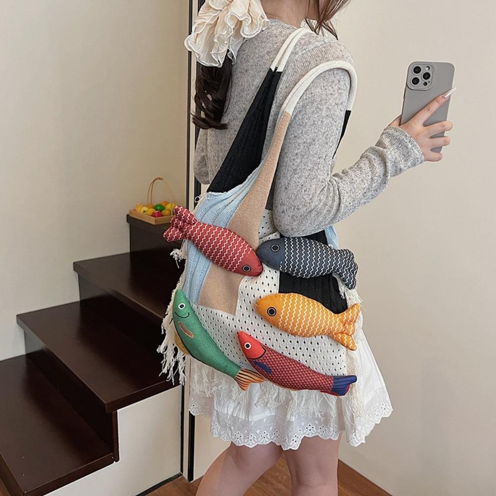 Large-capacity Tote Bag with A Cute 3D Fish Design – Versatile Knitted Tote Bag, One-shoulder Tote Bag