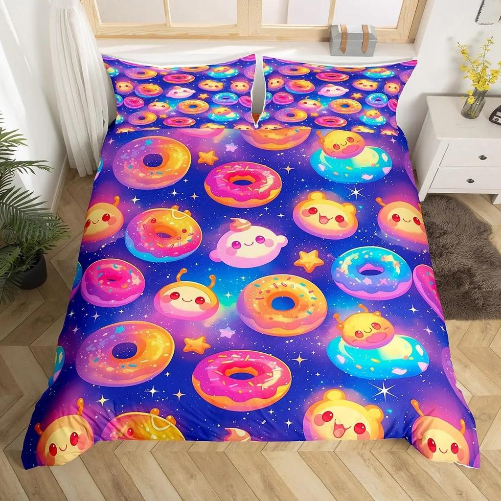 Kawaii Donut Duvet Cover Set Colorful Sweet Doughnut Bedding Set Delicious Dessert Pink Purple Comforter Cover Girls Room Decor