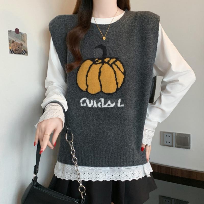 Stall Real Shot Plus Size 25 Autumn/Winter Loose Round Neck Small Horse Jacquard Knit Vest Two-Piece Set