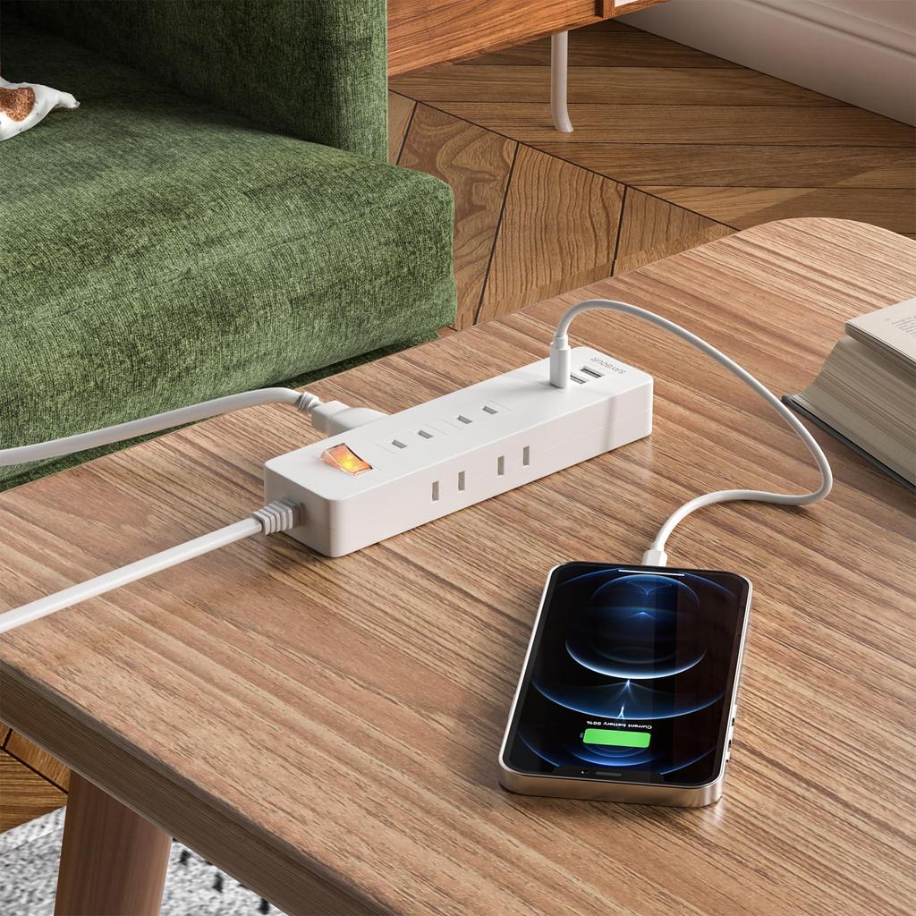 SAYBOUR Power Strip USB Extension Cord, 1m, 6 Outlets, Type-C, USB-A, Lightning Guard Switch, White, AJ-6100