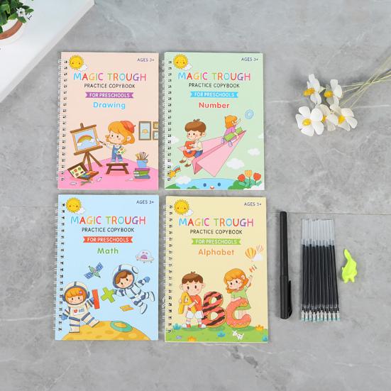 1 Set Calligraphy Practice Copybook Reusable Kids Hand Writing Practice Book Grooved Disappearing Ink Alphabet Math Preschool with Pencil