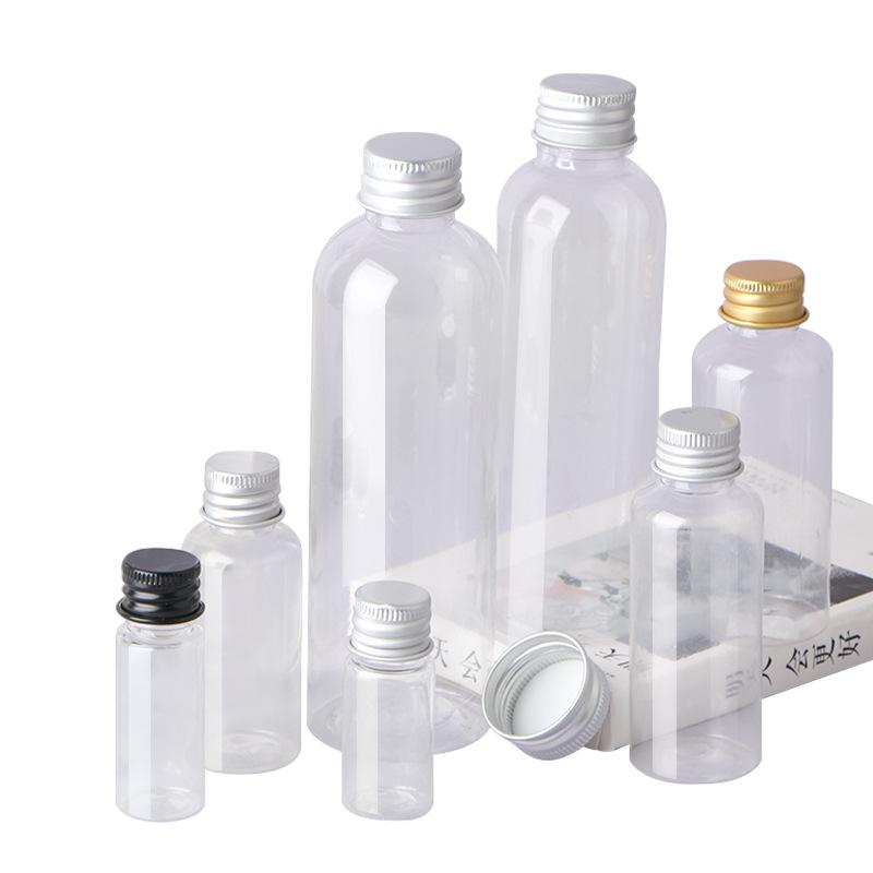 Transparente PET-Flasche mit Aluminiumkappe zur Flüssigkeitsabgabe, 10-100 ml, mit versiegeltem Deckel für Lotionen
