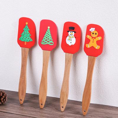 Série Noël Grattoir Manche en Bois Grattoir à Pâtisserie en Silicone Spatule à Crème à Gâteau Dessin Animé Outils de Cuisine pour la Pâtisserie Cadeaux de Noël