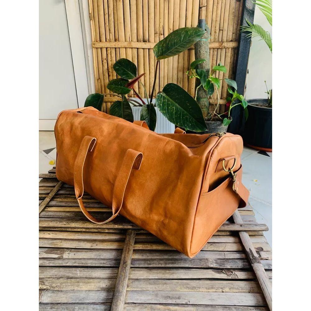 Goat Leather Men's Travel Bag Weekend Handmade Vintage Leather Brown Bag  ( Free Gift Leather Diary 7 Stone Brown Size - 10 X 13 In )