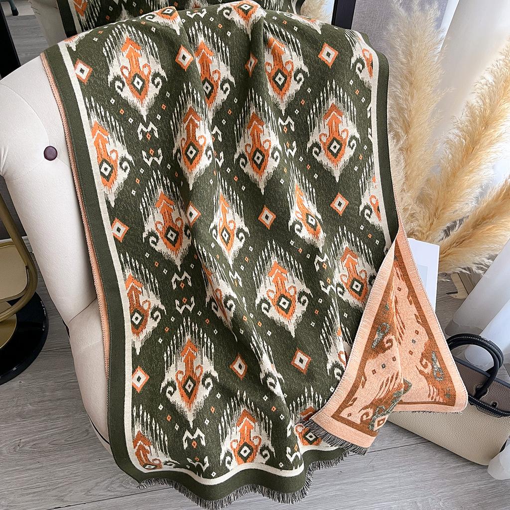 New Women Imitation Cashmere Two-Side Plaid Horse Print Scarf Soft Warm Pashmina Shawl Autumn Winter Coldproof Windproof Blanket
