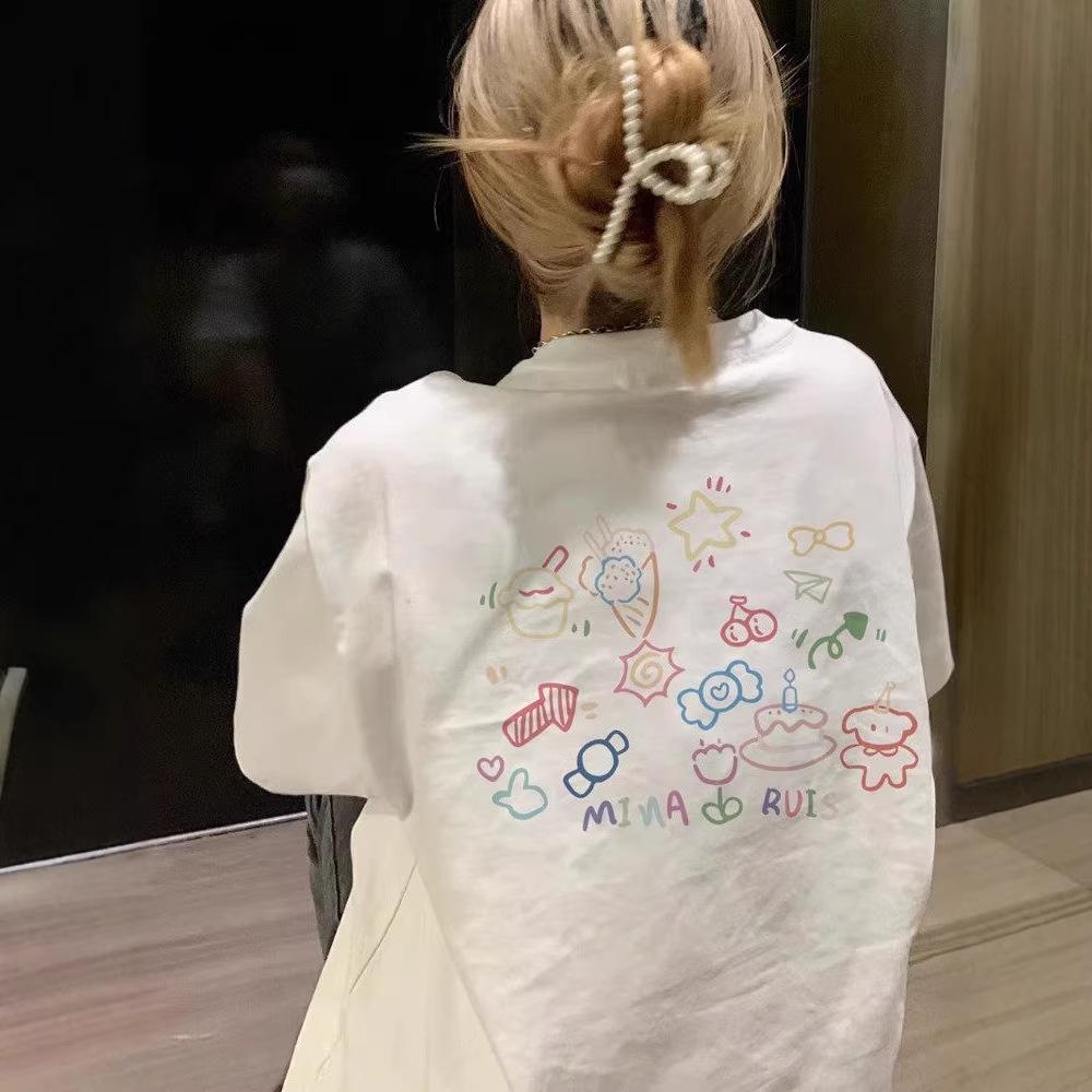 

Women s Plus-Size White Cartoon Cotton Short-Sleeve T-Shirt – New Loose-Fit Summer Design 3XL [Recommended 145-160 lbs]