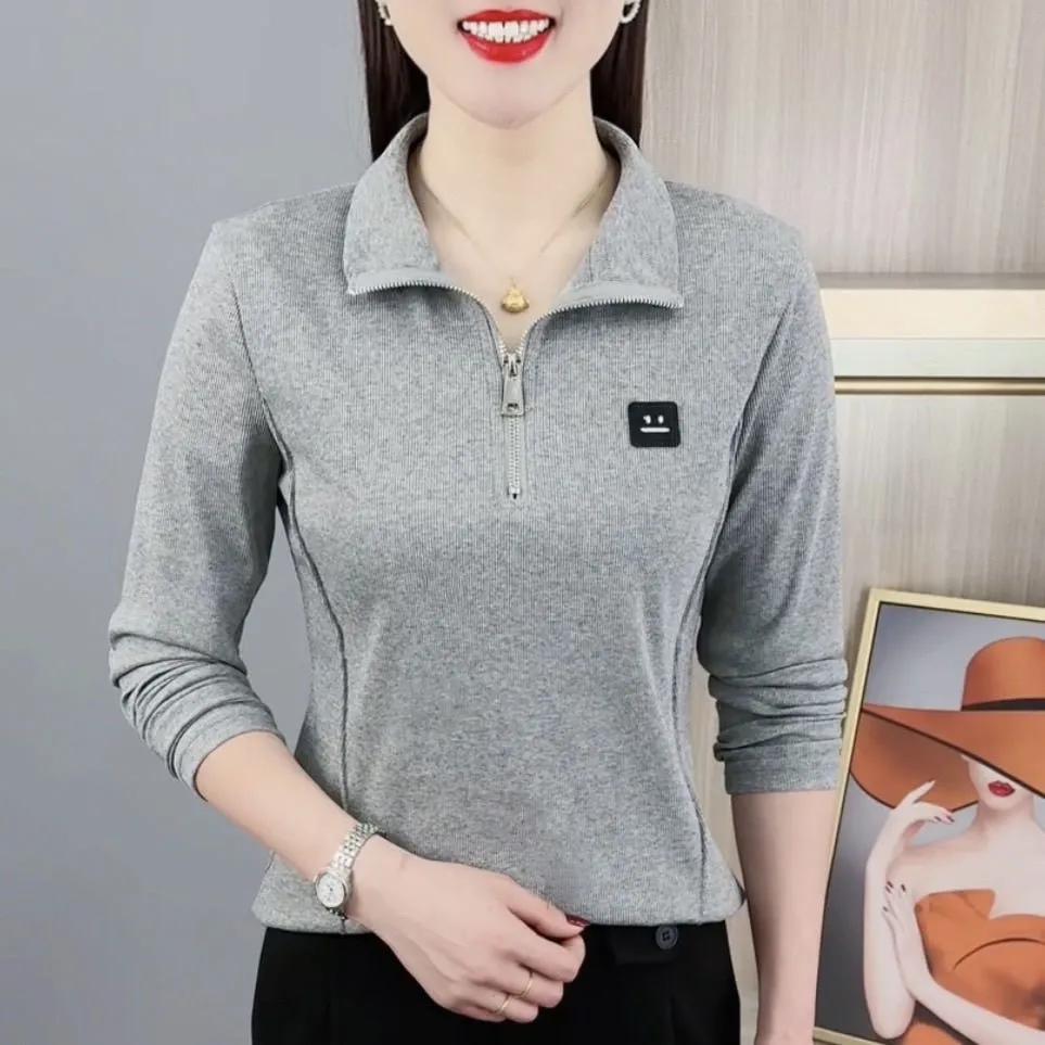 

Women s Spring and Autumn Zipper Stand-up Collar Solid Color Bottoming Shirt Sports Thin Plus Size Long-sleeved T-shirt 4XL білий