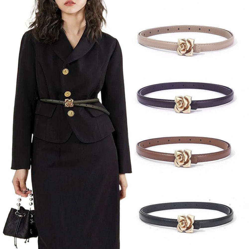 Fashion Rose Design Leather Belt PU Luxury Design Pin Buckle Waistband Versatile Trendy Thin Belt for Women