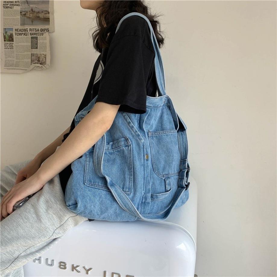 Washed Denim Blue Unisex Shoulder Messenger Bag Women Large Capacity Student Schoolbags Trendy Cool Male Female Crossbody Bag
