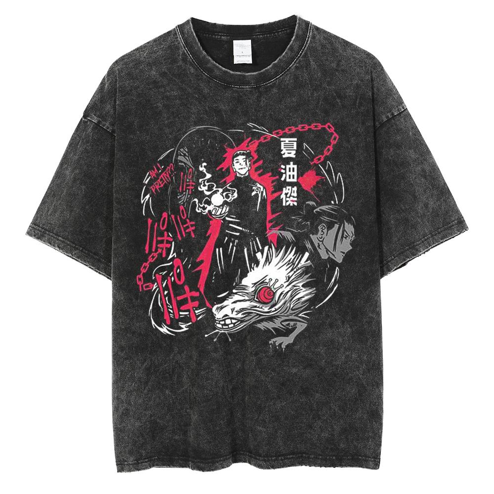 Anime Jujutsu Kaisen Itadori Yuji Ryomen Sukuna Graphic Washed T Shirt Men Vintage Cotton T-shirts Harajuku Male Casual TShirt