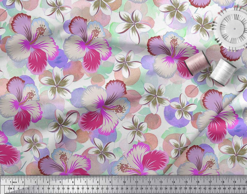 Soimoi Japan Crepe Satin Fabric Leaves & Plumeria Flower Decor Fabric Printed Metre 42 Inch
