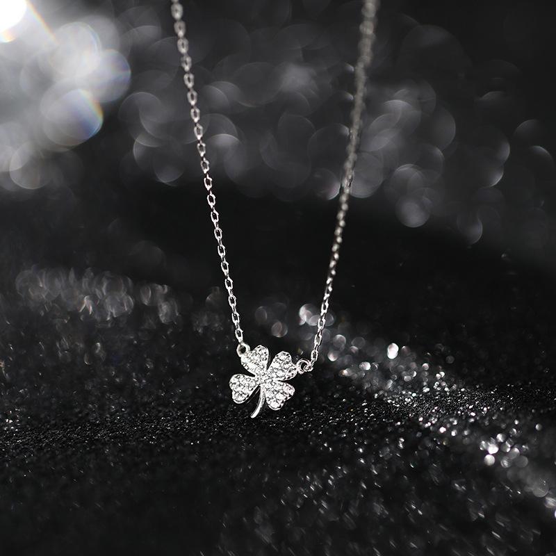 PONYKISS Trendy  Sterling Silver Four-leaf Clover Luck Leaves Zircon Sweater Chokers Necklace for Women Lovely Fine