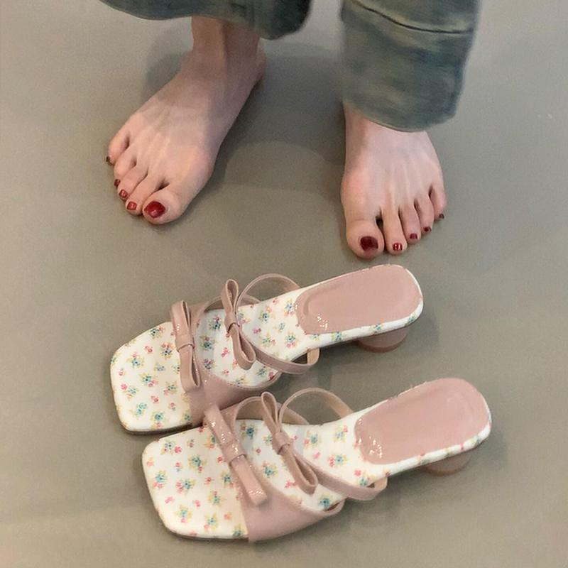 Sommer Damen Sandalen mit eckiger Zehenpartie, niedrigen Absätzen, schlichten Schleifen-Slippern, Party, Hochzeit, Bonbonfarben, Damenschuhe