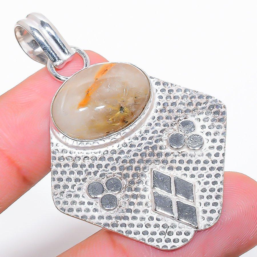 Golden Rutile Gemstone Handmade 925 Sterling Silver Jewelry Pendant 2.09"