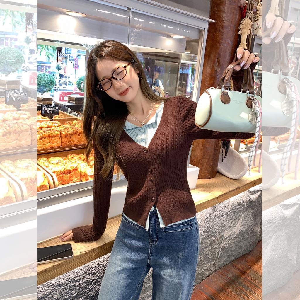 Fake two-piece splicing double-layer collar long-sleeved wool knitted sweater women's early autumn new single-breasted V-neck front shoulder top