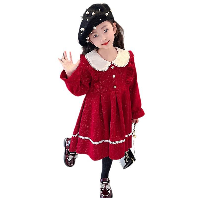 2024 Girls' Long-Sleeve Red Festive Winter Dress - New Year Princess Skirt
