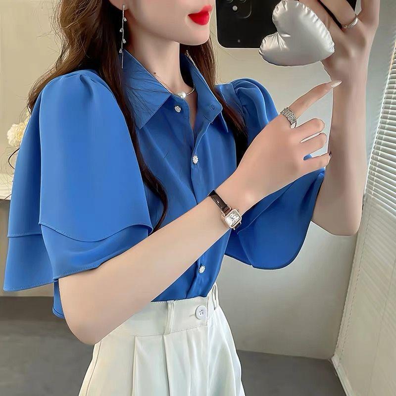 French Lady's Summer Loose Shirt Women's Loose Blouse Solid Color Fairy Style Ruffle Short Sleeve Chiffon Top