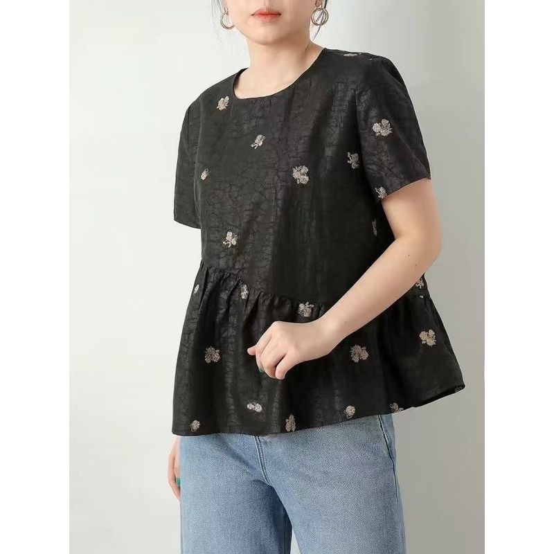 

Love at a Glance! Elegant Women s Summer Ramie Yarn round Neck Pleated Three-Dimensional Embroidered round Neck Short Sleeve Craft T-shirt Black three flowers 2XL