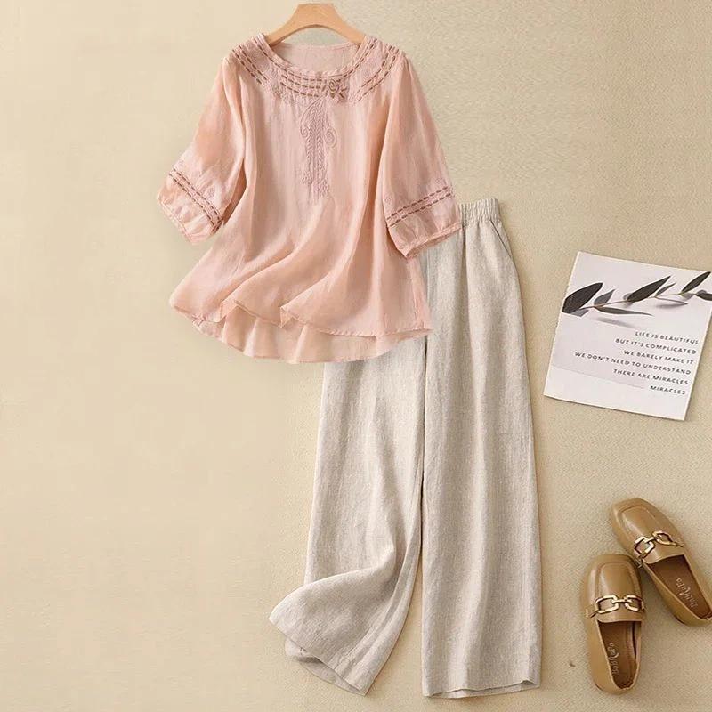 Women's Linen Blend 2-Piece Outfit Embroidered Half Sleeve Top & Wide Leg Pants Casual Set