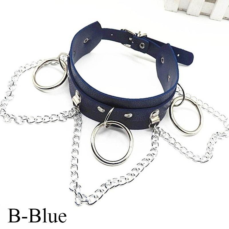 Women'S Fashion Punk Street Snap Nightclub Pu Leather Choker Metal Ring Chain Necklace Collar Rivets Goth Belt Adjustable Buckle Neck Accessories