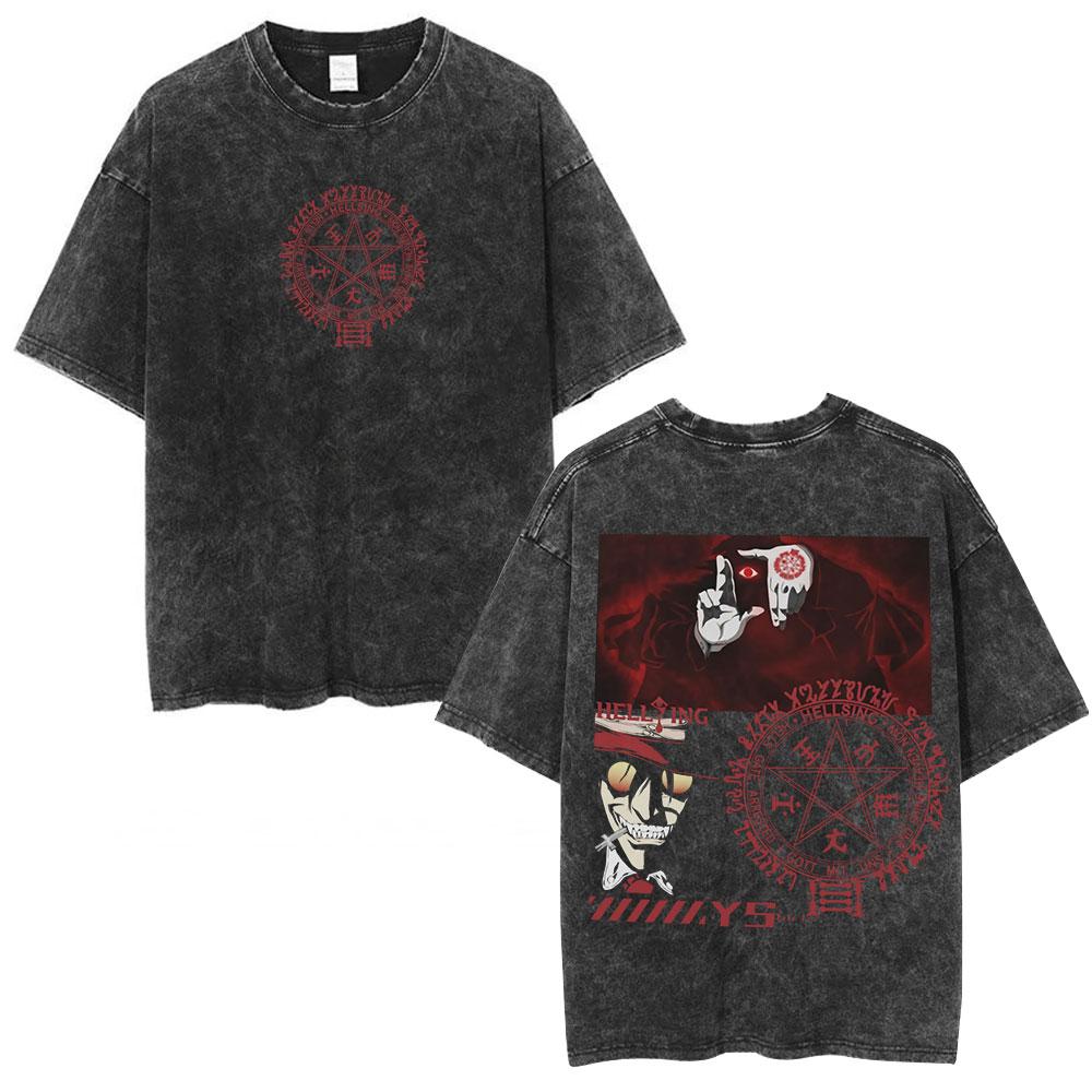 Anime Hellsing Alucard Cool Printing T Shirt Men Vintage Manga Tshirts Washed Cotton Tee Harajuku Male Casual Oversized T-shirt