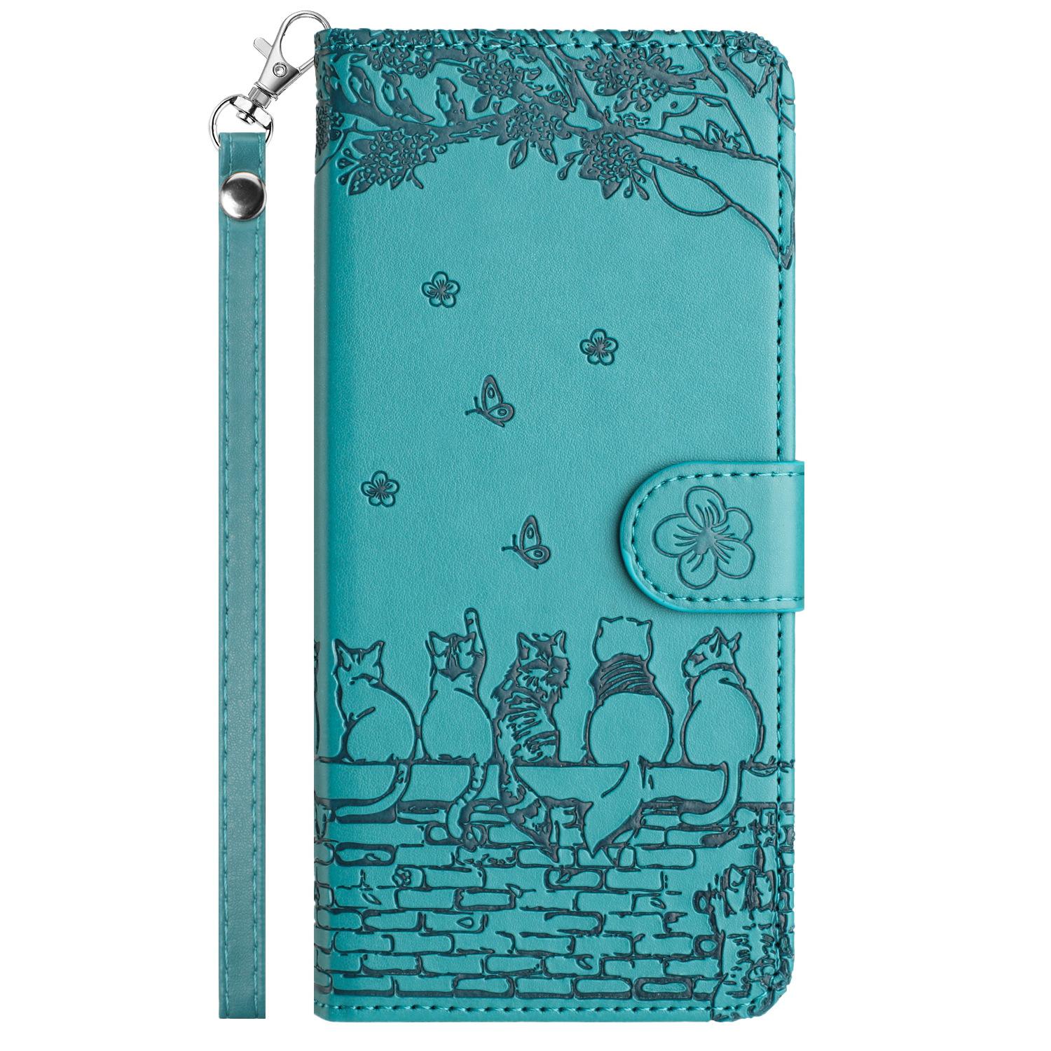 

Embossed Cats on Wall Wallet Case for iPhone 17 Pro & Samsung S26 Ultra - Soft Touch Flip Card Holder Cover iPhone 11 Pro синий