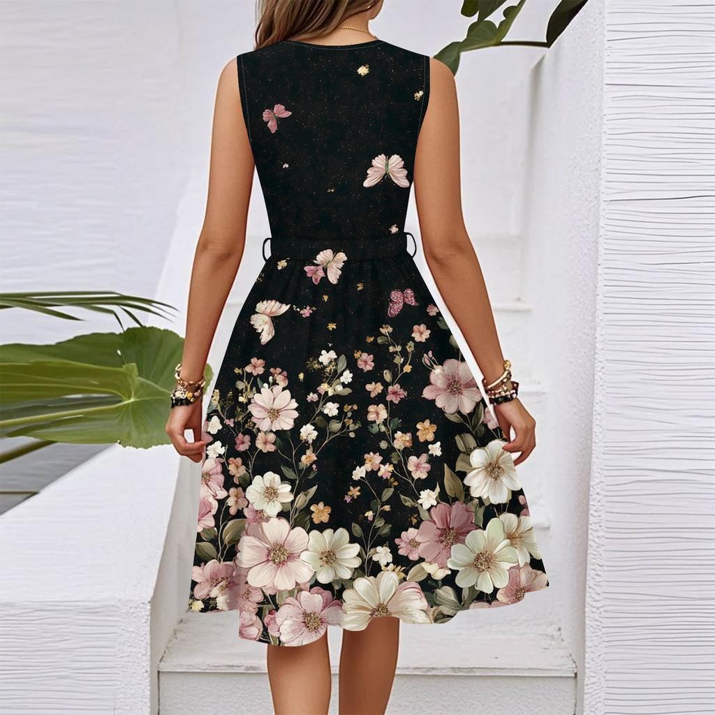 Women's Spring Summer Casual V Neck Sleeveless Waist Floral Print Midi Dress