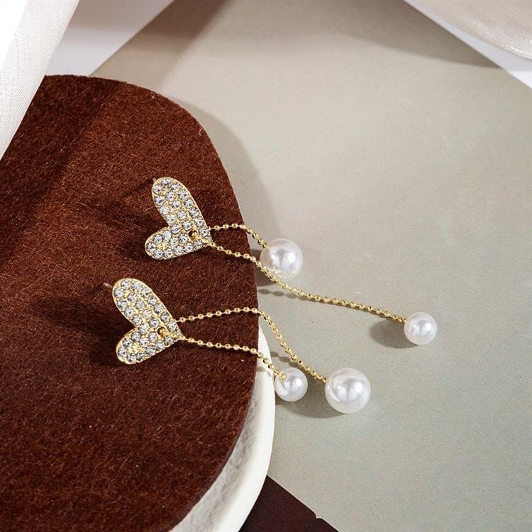 Water Drop Pearl Rhinestone Tassel Earrings