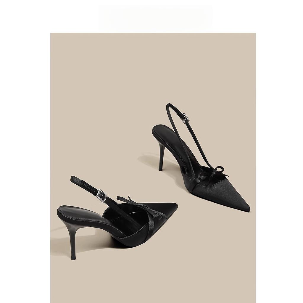 Bow Baotou Sandals Women's Summer Gentle Wind with Skirt Cheongsam Temperament Pointed Thin Heel Black High Heels