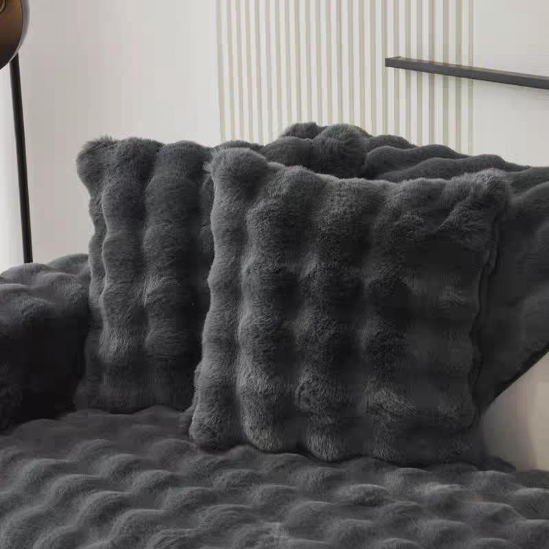 Solid Color Sofa Cushion, Pet Friendly Sofa Cover, Plush Sofa Protector, Thickened Winter Plush Pad Protector with Rabbit Hair Touch and Bubble Stripe