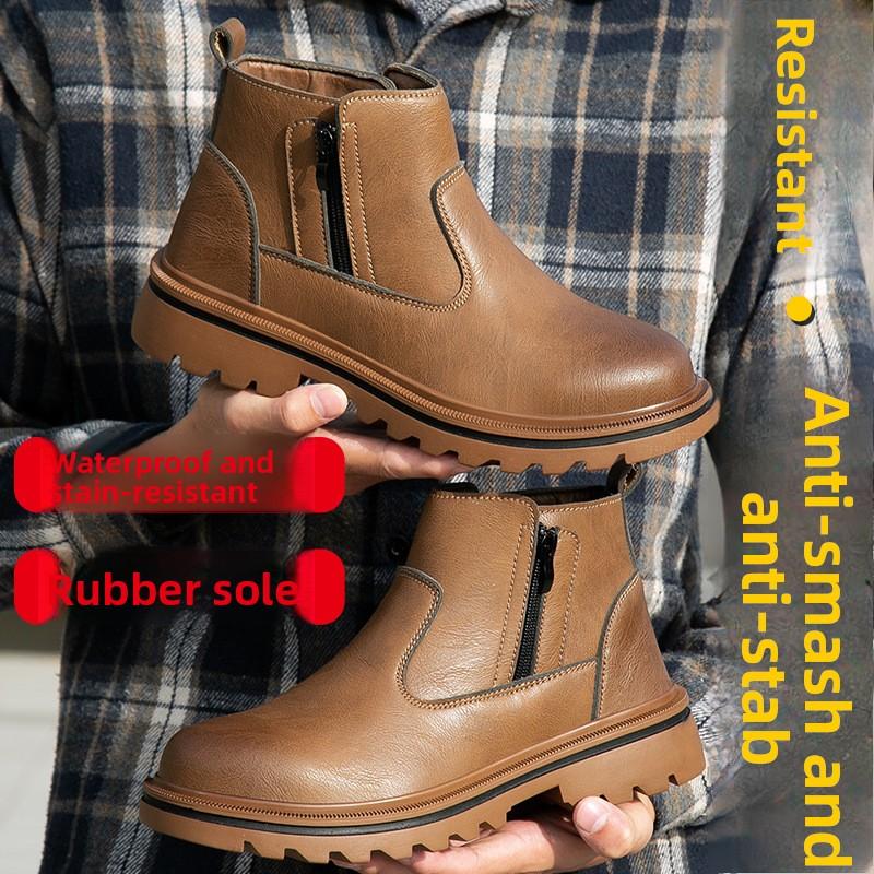 steel toe cap boots waterproof leather work shoes with side zipper anti-slip sneakers men anti smash anti puncture safety shoes