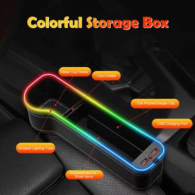 Neue Auto-Aufbewahrungsbox mit 2 USB-Ladegeräten, bunte LED-Sitzlücke, Schlitztasche, Sitz-Organizer, Karte, Telefon, Flaschenbecherhalter