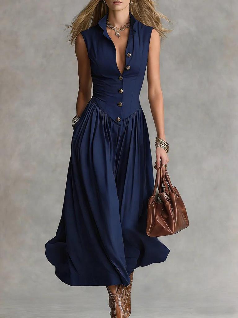 Spring 2026 French Style Elegant Slimming Lapel Multi-Button Long Dress for Women