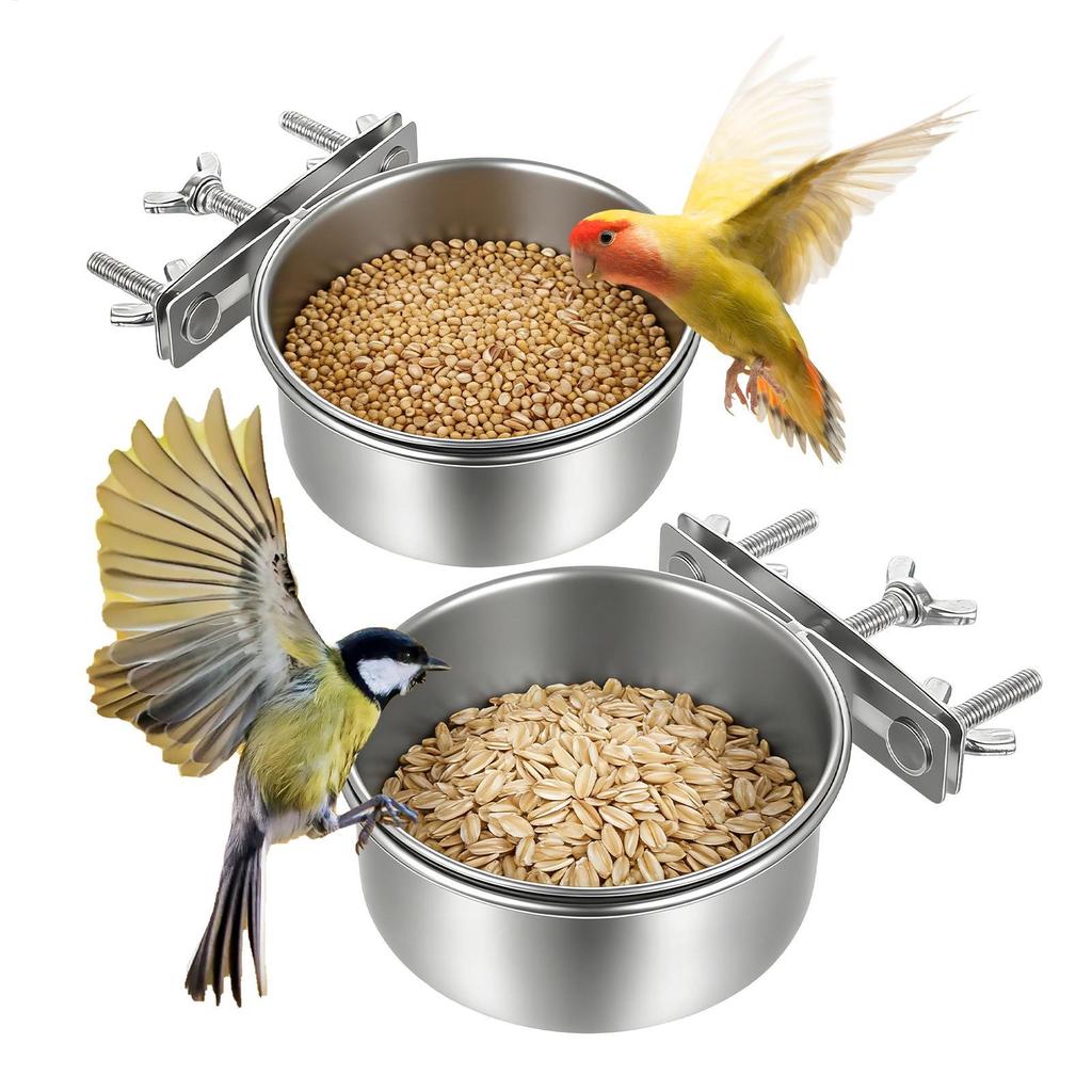Bird Water Feeder 2-Piece Stainless Steel Pet Bowl Bird Feeding Watering Supplies for Cage Parrots Cockatiels Conure Pigeon