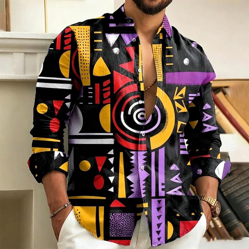 Trendiges Herren-Abstraktes Tribal Geometrisches Muster Langarmhemd, Hip-Hop Street Culture Urlaubs-Kragen Herrenhemd