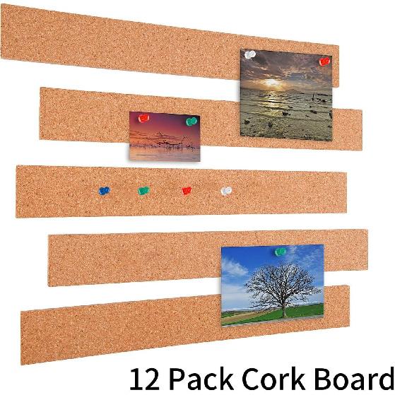 Cooraby 12 Pack Cork Strips 15 X 2 Inch Frameless Self-Adhesive Cork Board with 40 Pieces Cork Board P for Classroom Office