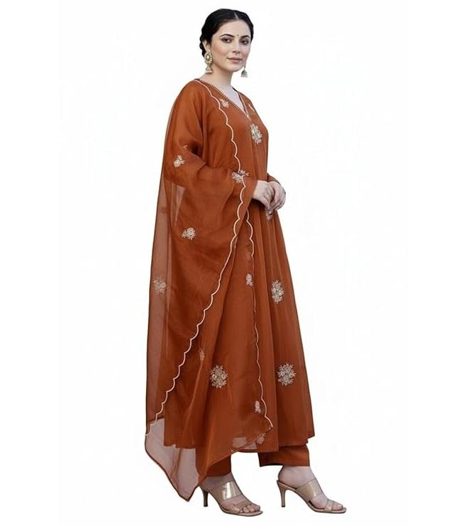 Women Embroidery Solid Anarkali Kurta and Pant Set with Dupatta Set