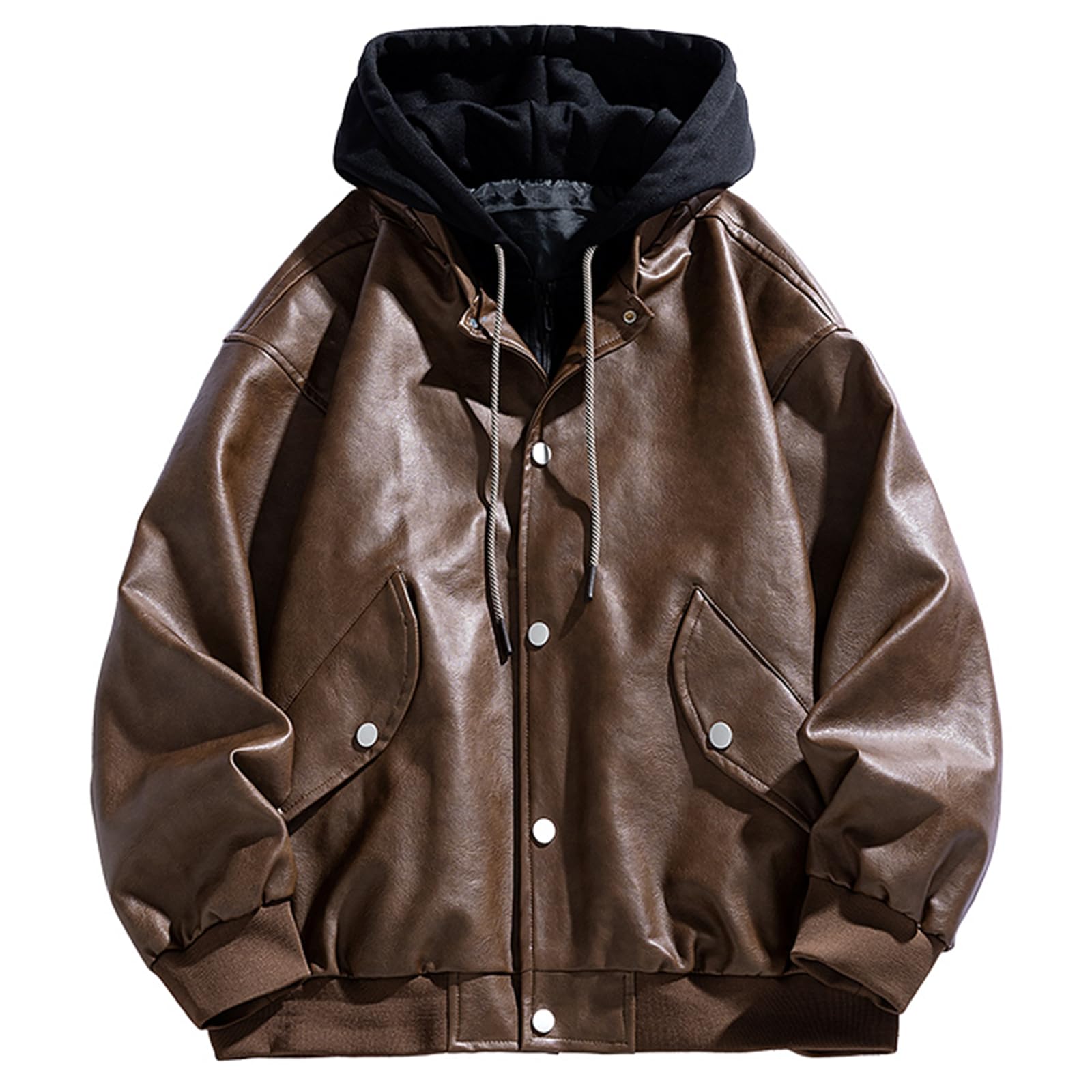 Kayiyasu Leather Biker Hooded Plus Cold Casual Fashion Men s Jacket, Jacket, Coat, Parka, Size, Weather, Windproof, Motorcycle, Spring, Autumn, кофейный