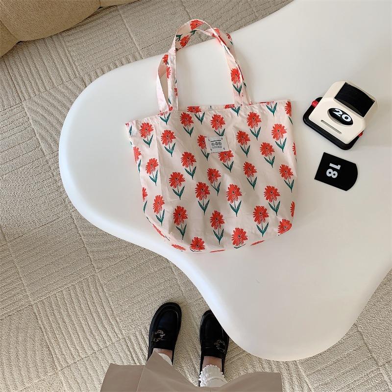 1 New Tote Bag Large Capacity Floral Canvas Shoulder Bag Portable Girl Student Shopping Bag