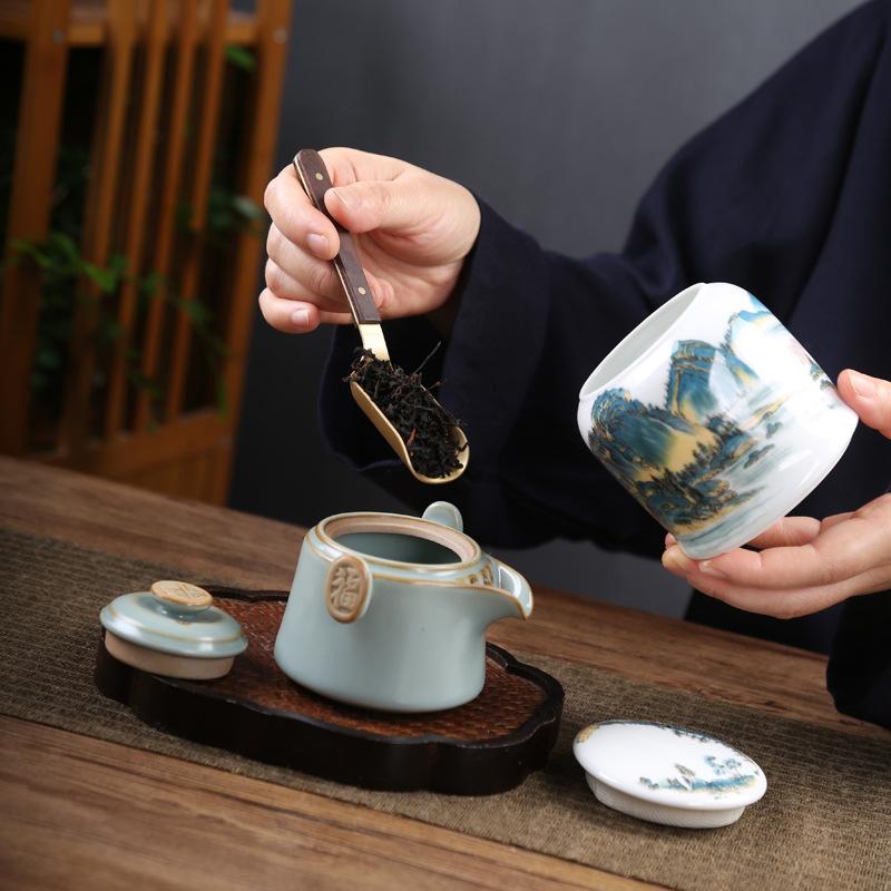 Ceramic tea jar landscape painting general purpose jar coffee food moisture-proof sealed storage jars white porcelain tea can