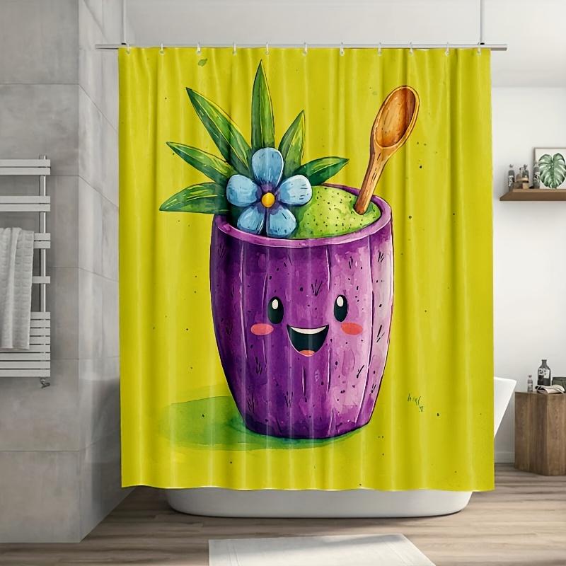 

1Pc Matisse-Style Purple Tiki Mug Shower Curtain - 71X71 Inch, Polyester, 12 Hooks, Playful Summer Bathroom Decor W60H190(CM)-1 Pcs