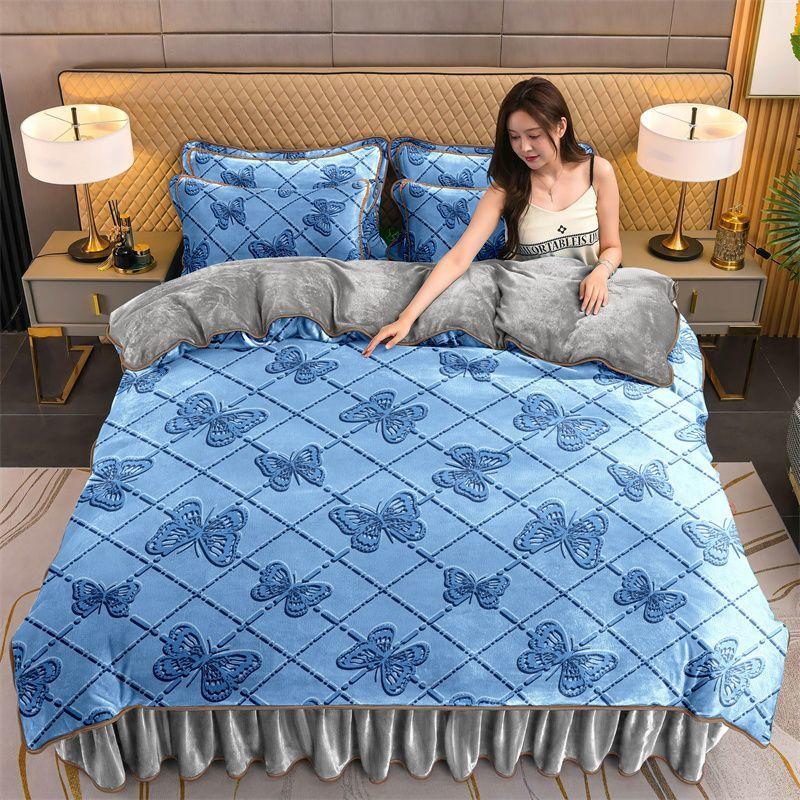 Winter thickened milk velvet four-piece set warm coral velvet double-sided velvet quilt cover bed sheet plus velvet bed skirt bedding